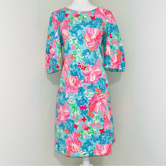 Lilly Pulitzer Cayce Short Sleeve Dress Surf Blue Lucious Lions EUC Lt Blue M - Picture 1 of 11